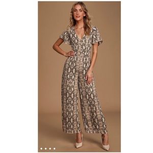 Lulu’s It Girl Tan SnakePrint Wide-Leg Jumpsuit